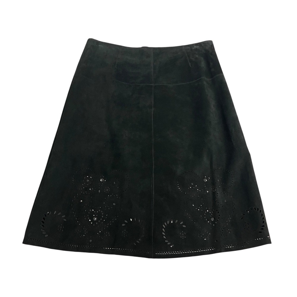 Siena Studio Suede Leather Skirt Womens 8 Black Midi Cutout Western Biker Boho